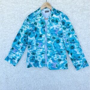 Additions by Chico's Size 0 Blazer Jacket Blue‎ Green Peacock Print Cotton Blend